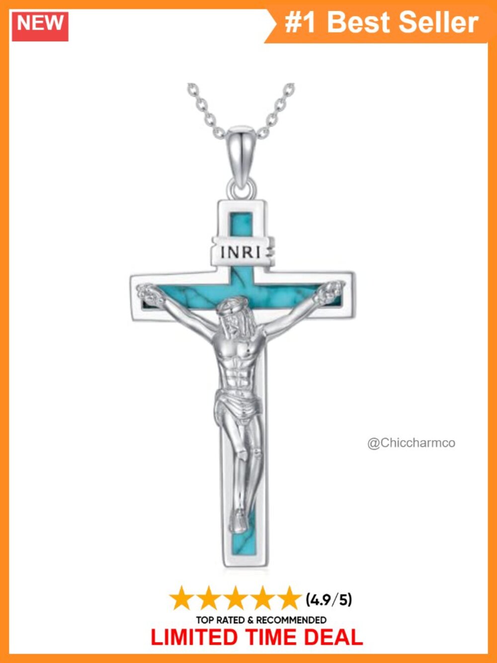 Natural Turquoise Crucifix Necklace 925 Sterling Silver Pendant 18in